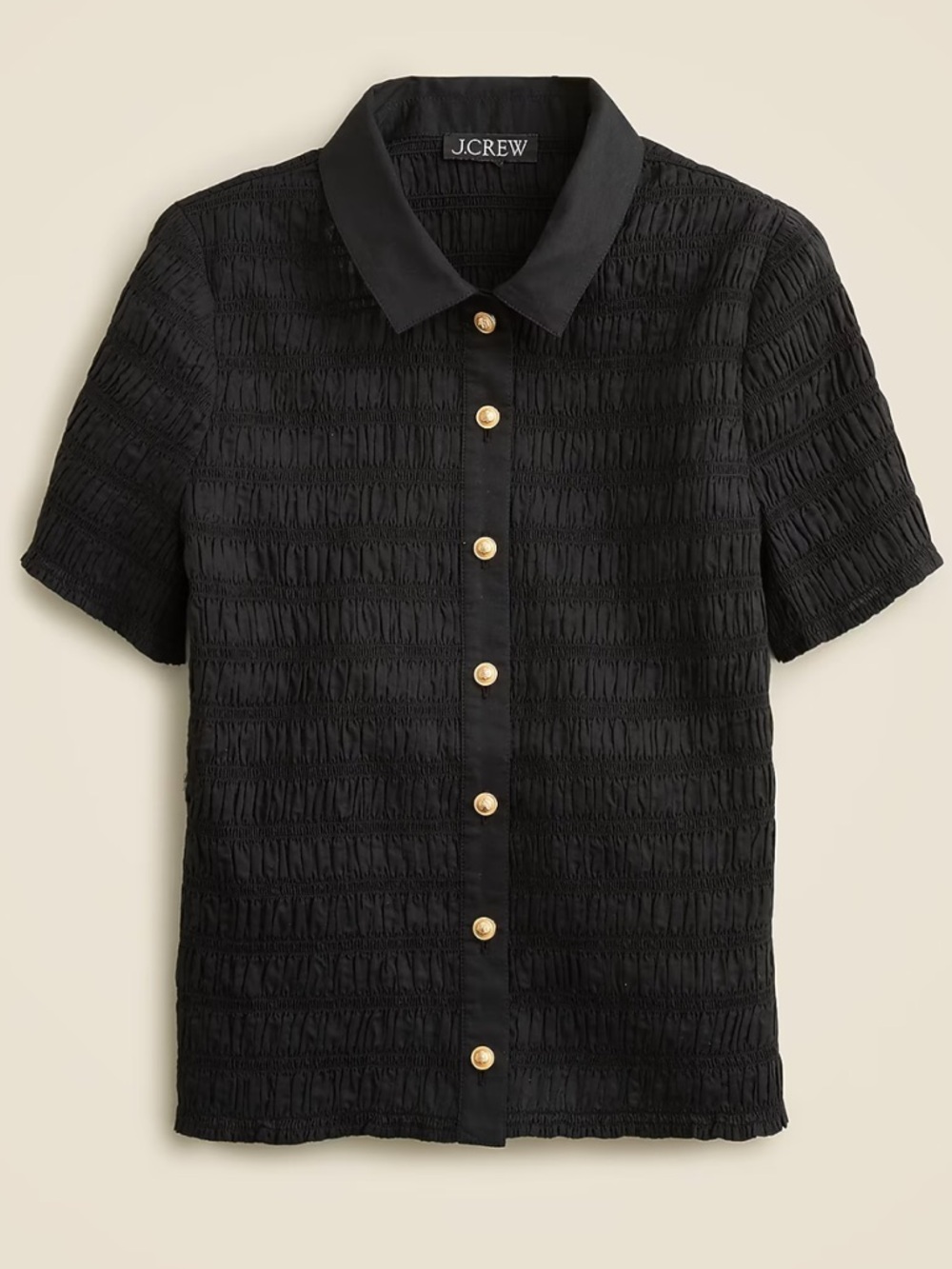 J. Crew Black Short Sleeve Smocked button-up shirt in cotton-blend voile